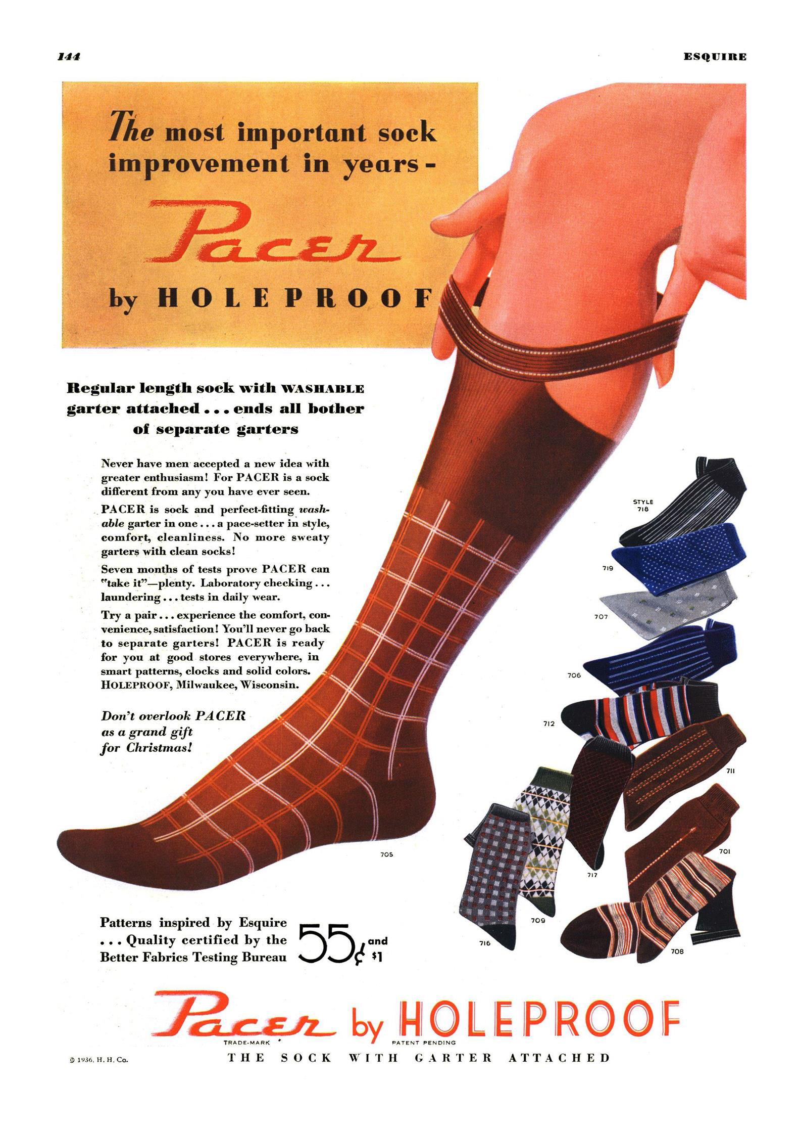 Esquire, 1 декабря 1935 года. Реклама гибридных носков с встроенными «держателемя»
