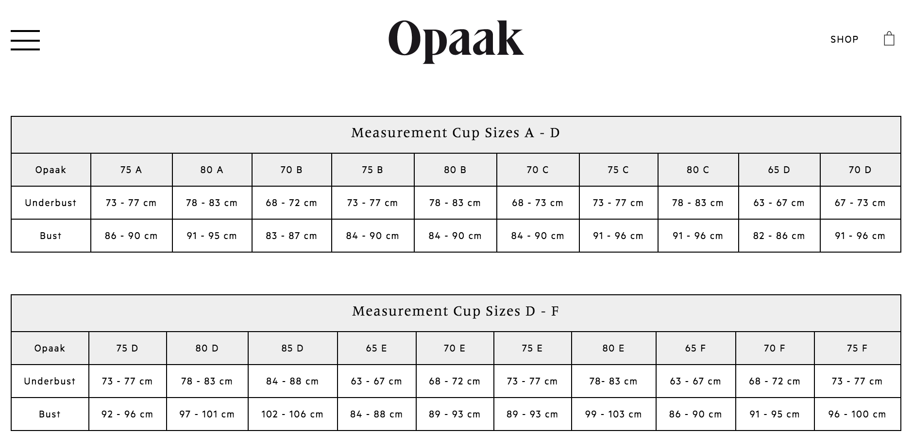 Таблица определения размеров бюстгальтера бренда Opaak