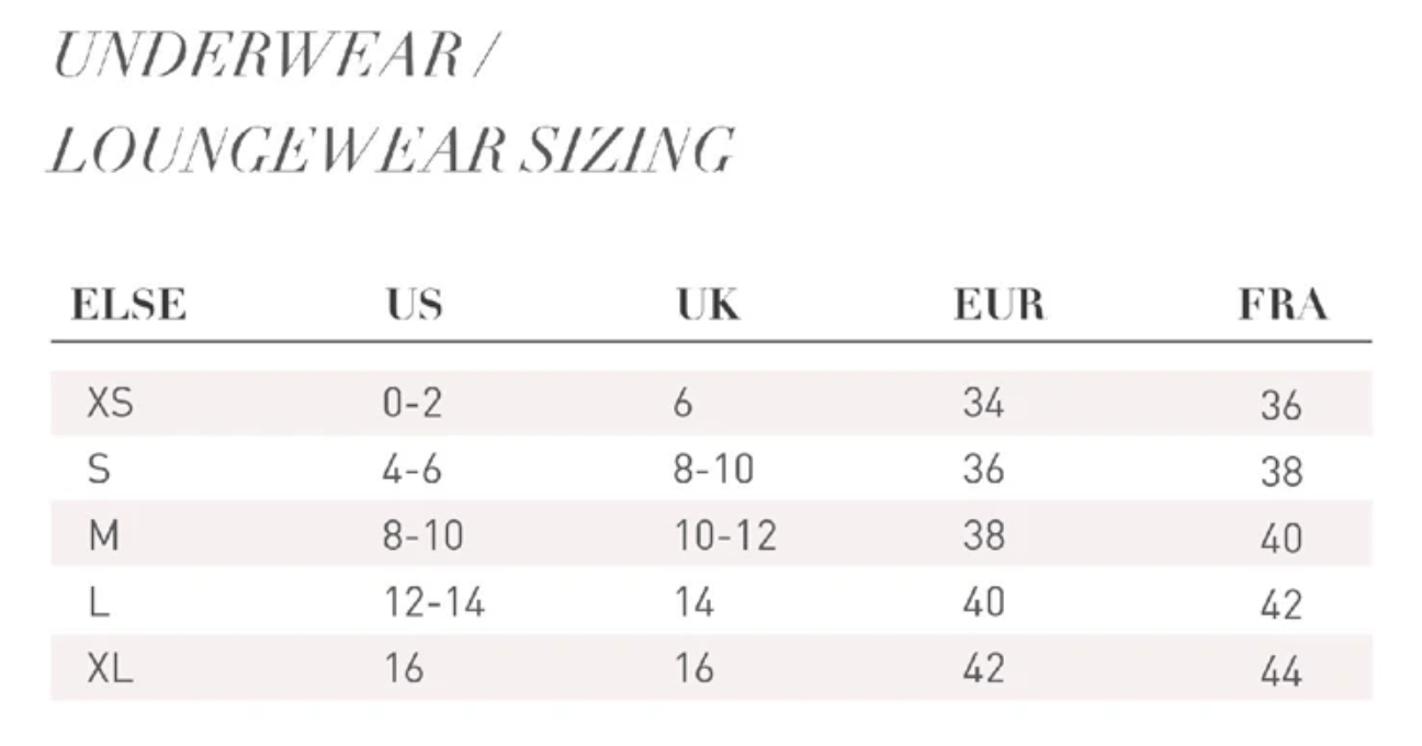 Таблица определения размеров белья Else