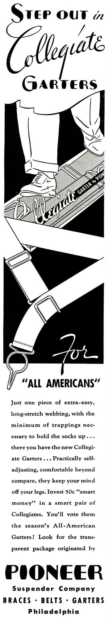 Esquire, 1 декабря 1934 года. Реклама держателей для носков Pioneer. Обратите внимание на пряжку сверху и на зажим.