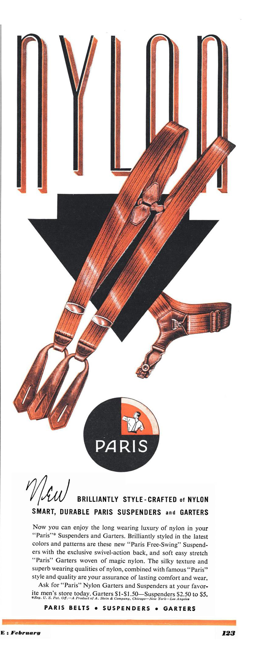Esquire, 1 февраля 1950 года. Реклама подтяжек для носков Paris от A. Stein & Company