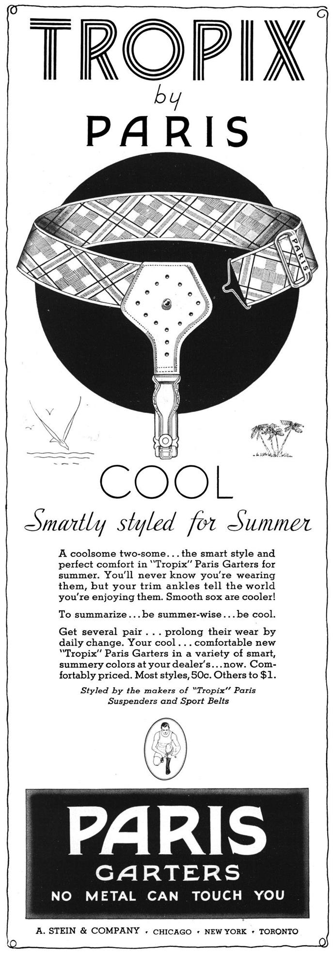 Esquire, June 1, 1937. Advertising for Paris sock garters by A. Stein & Company