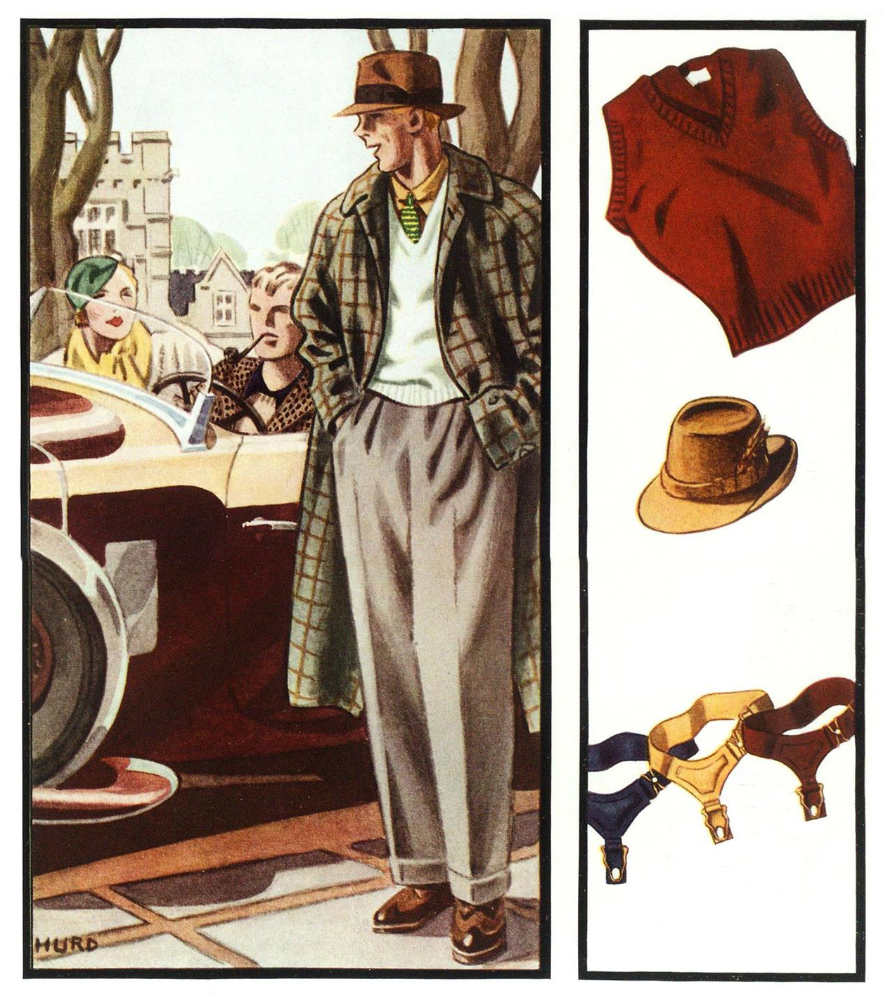 Esquire, 1 марта 1934 года. Иллюстрация к статье о моде выпускников колледжей "What? Garters On A Page Of College Fashions? Yes, Sir"