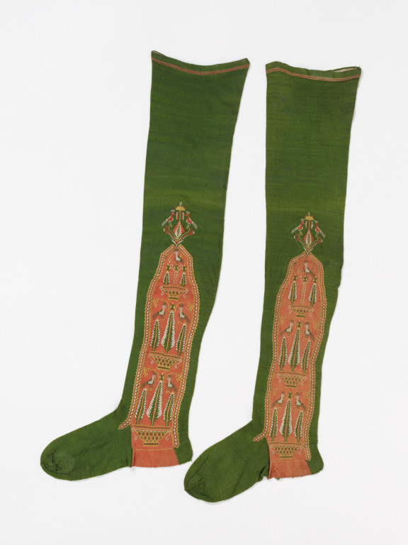 Pair of women's stockings of knitted silk, made in Spain, mid 18th century. Victoria and Albert Museum