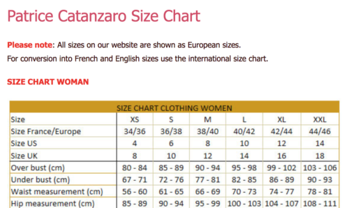 Таблица определения размеров одежды Patrice Catanzaro из магазина femaleandpartners.com